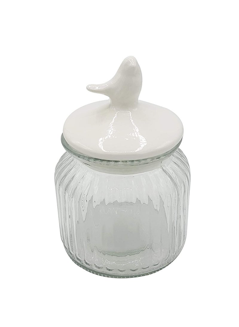 HOMIES, Beautiful Round Glass Jar with White Bird Shape Ceramic Lid Best for Storing Cookies/Masala/Dry Fruits/Pickles/Candies (500 ml) - Set of 1pcs