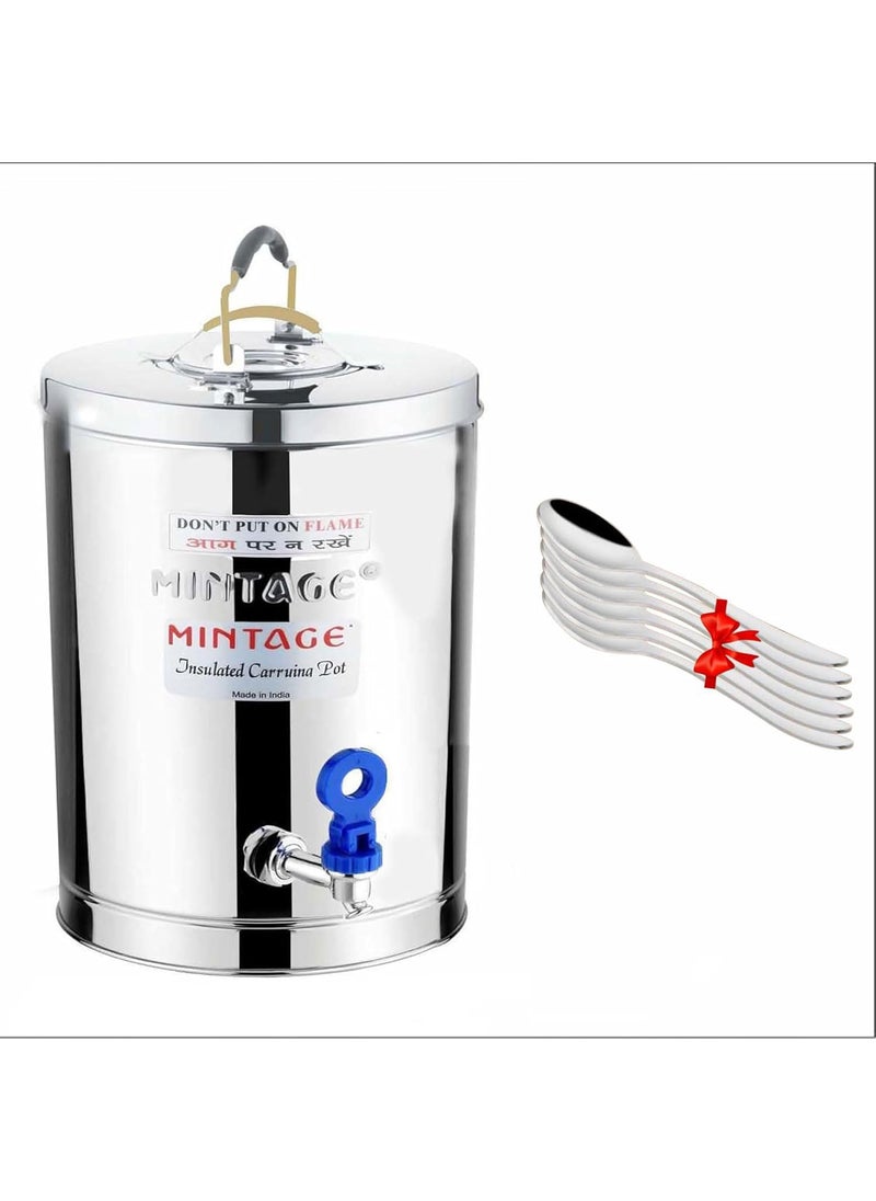 Mintage Steel Tea Container + Free 6 pcs Spoon | 5 Liters Tea Container & 6 Pcs Spoon Coffee Container with Tap Eco Friendly Hot & Cold Dispenser Overnight Storage Ideal as Chai Kettle for Canteen
