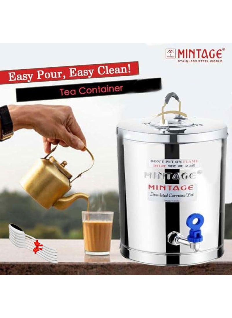 Mintage Steel Tea Container + Free 6 pcs Spoon | 5 Liters Tea Container & 6 Pcs Spoon Coffee Container with Tap Eco Friendly Hot & Cold Dispenser Overnight Storage Ideal as Chai Kettle for Canteen