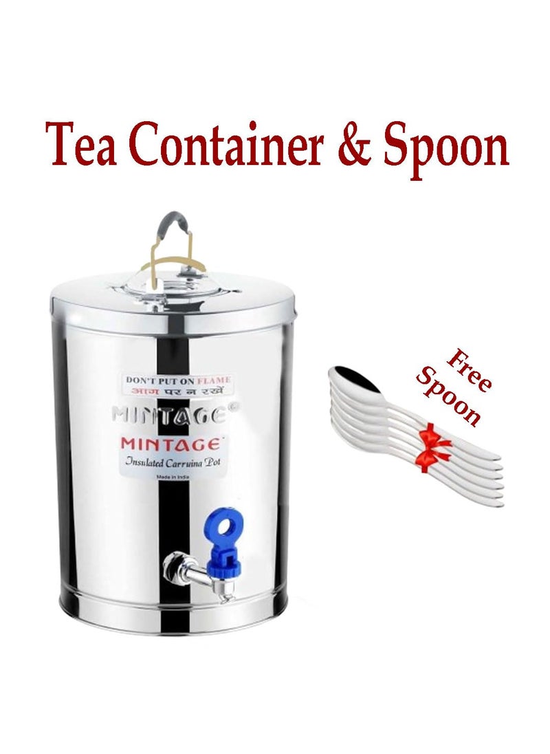 Mintage Steel Tea Container + Free 6 pcs Spoon | 5 Liters Tea Container & 6 Pcs Spoon Coffee Container with Tap Eco Friendly Hot & Cold Dispenser Overnight Storage Ideal as Chai Kettle for Canteen