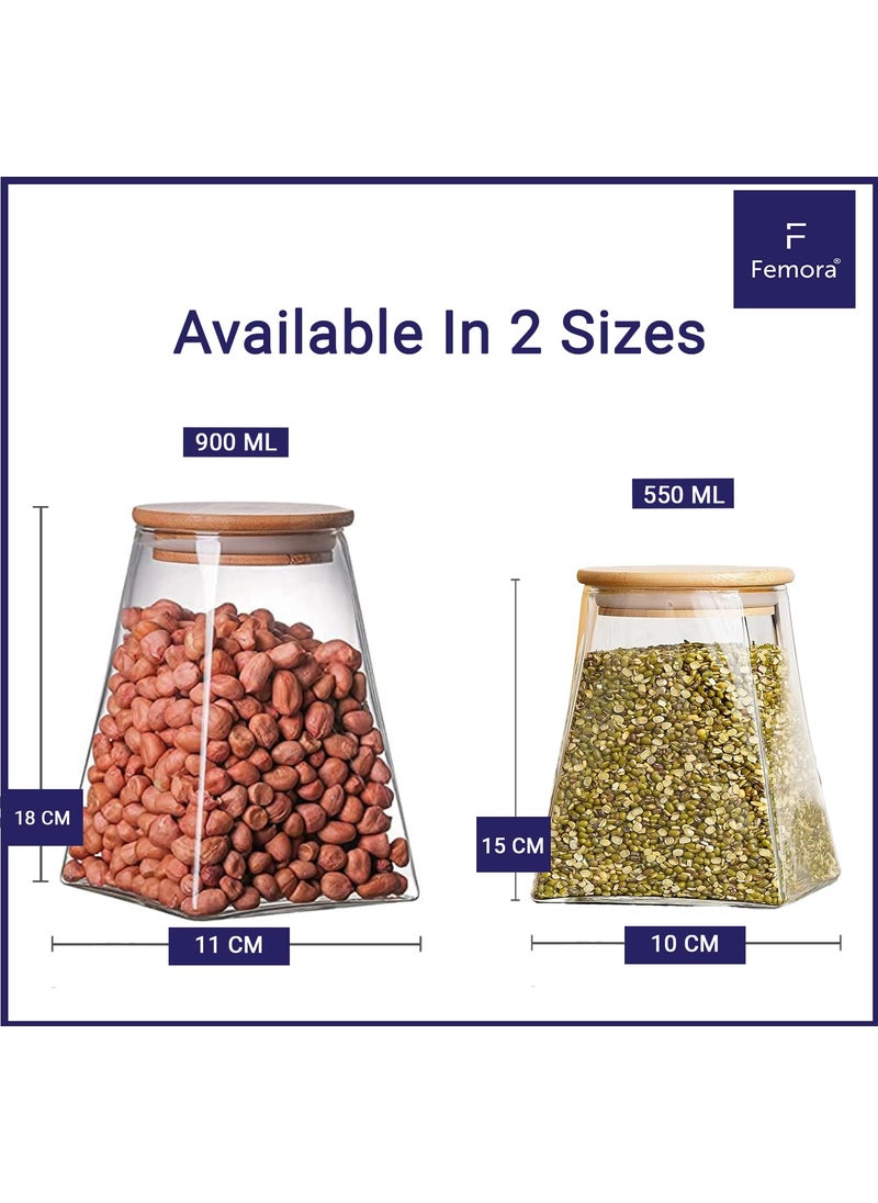 Femora Borosilicate Glass Jar With Wooden Lid| Glass Jars For Kitchen| Kitchen Storage Jars| 1 Year Warranty| Fancy Jars for Gifting, Snacks, Spice, Cookies, Dry Food, Pickles|900ml| Set Of 4