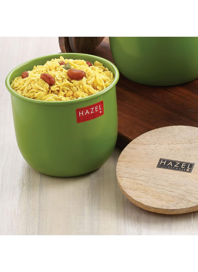 HAZEL Airtight Container for Kitchen | Tea Coffee Sugar Containers |Food Grade Storage Box For Kitchen with Wooden Lid, Set of 4, 700 ML, Green