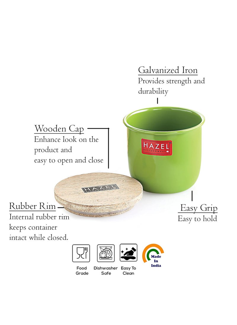 HAZEL Airtight Container for Kitchen | Tea Coffee Sugar Containers |Food Grade Storage Box For Kitchen with Wooden Lid, Set of 4, 700 ML, Green