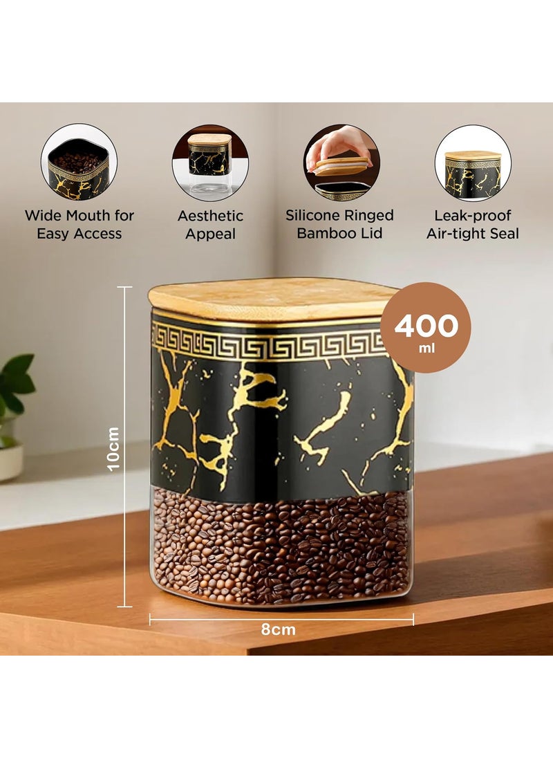 Kuber Industries Set of 3 (400ml) Borosilicate Glass Jars for Kitchen With Bamboo Lid | Air Tight Masala Container & Daba Set for Dry Fruit & Spices | Black-Transparent