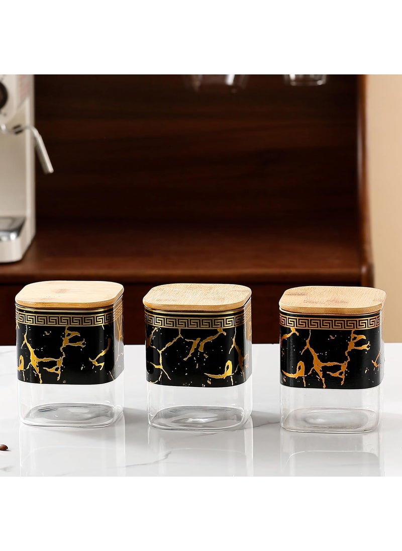 Kuber Industries Set of 3 (400ml) Borosilicate Glass Jars for Kitchen With Bamboo Lid | Air Tight Masala Container & Daba Set for Dry Fruit & Spices | Black-Transparent