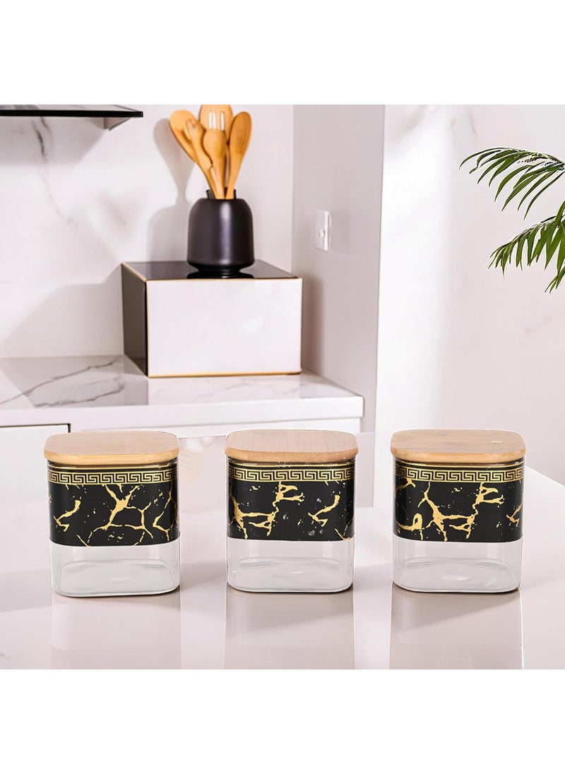 Kuber Industries Set of 3 (400ml) Borosilicate Glass Jars for Kitchen With Bamboo Lid | Air Tight Masala Container & Daba Set for Dry Fruit & Spices | Black-Transparent