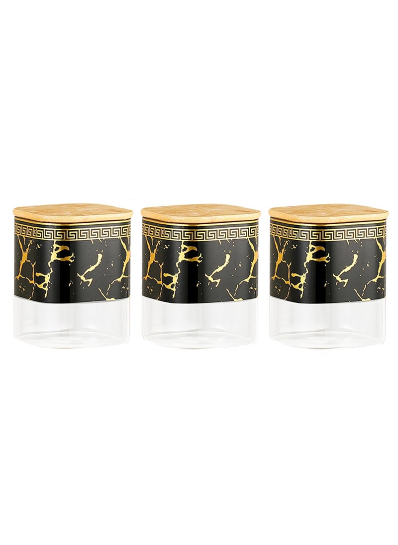 Kuber Industries Set of 3 (400ml) Borosilicate Glass Jars for Kitchen With Bamboo Lid | Air Tight Masala Container & Daba Set for Dry Fruit & Spices | Black-Transparent