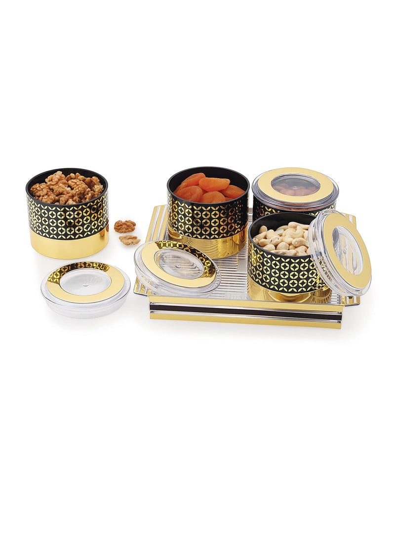 Nabhya Fennel BIg Size Plastic Dry Fruit Set Box with Lid & Serving Tray, Storage Container,100% Air-Tight & Air Tight - Plastic Utility Container (Fennel 4pc-Gold)