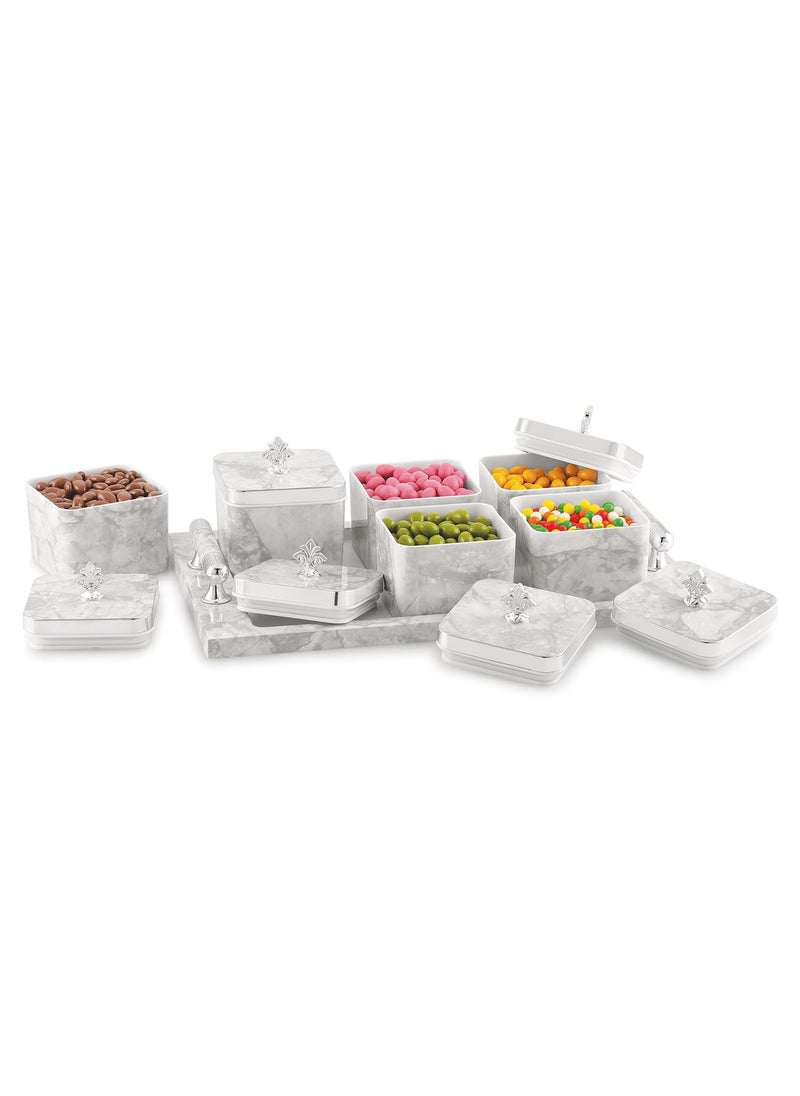 Nabhya Delma Airtight Dry Fruit Containers Set With Lid & Serving Tray, Dry Fruit Box for Serving Sweets, Chocolates, Candy, Pickle, Mukhwas, Kitchen Accessories Items (Grey, Pack of 6)