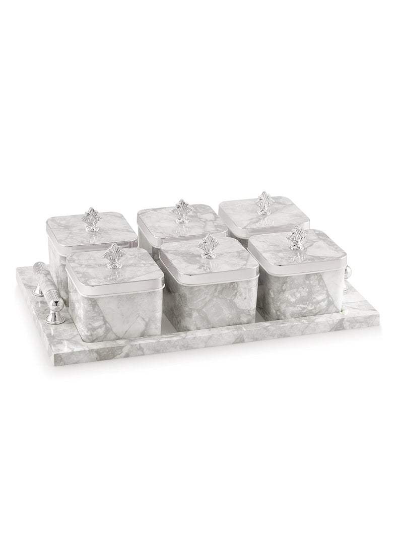 Nabhya Delma Airtight Dry Fruit Containers Set With Lid & Serving Tray, Dry Fruit Box for Serving Sweets, Chocolates, Candy, Pickle, Mukhwas, Kitchen Accessories Items (Grey, Pack of 6)