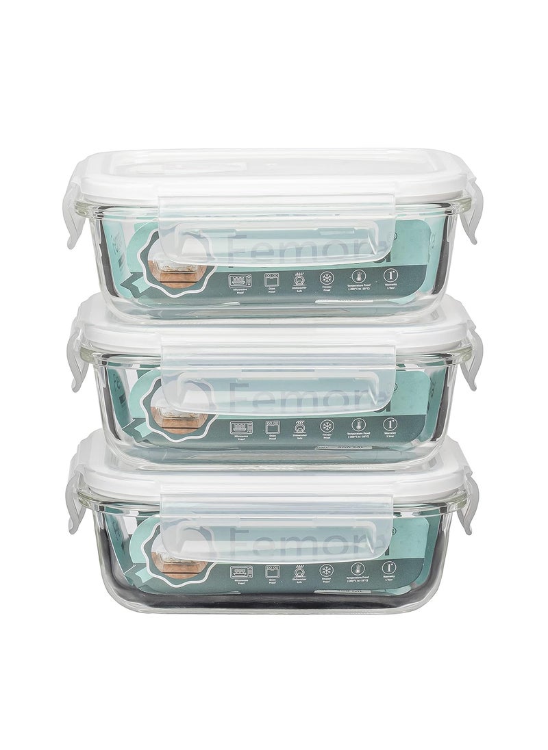 Femora Borosilicate Glass Containers for Kitchen | 1 Year Warranty | Container Boxes for Storage, Storage Box for Kitchen with Air Vent Lid, Microwave Safe, Rectangular (Set of 3-400ml Each)