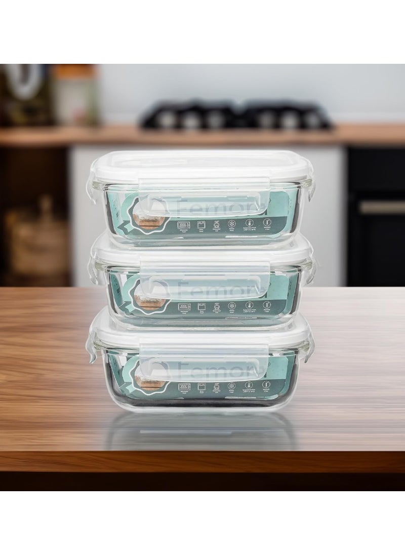 Femora Borosilicate Glass Containers for Kitchen | 1 Year Warranty | Container Boxes for Storage, Storage Box for Kitchen with Air Vent Lid, Microwave Safe, Rectangular (Set of 3-400ml Each)