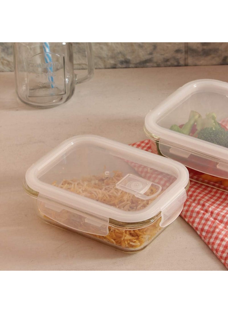Femora Borosilicate Glass Containers for Kitchen | 1 Year Warranty | Container Boxes for Storage, Storage Box for Kitchen with Air Vent Lid, Microwave Safe, Rectangular (Set of 3-400ml Each)