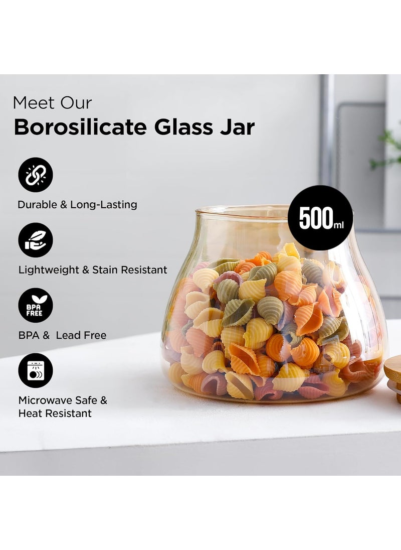 Kuber Industries 500ml BPA Free Borosilicate Glass Jars for Kitchen With Bamboo Lid | Leakproof Airtight Masala Container & Daba Set for Dry Fruit & Spices | Transparent-LP082-AMB