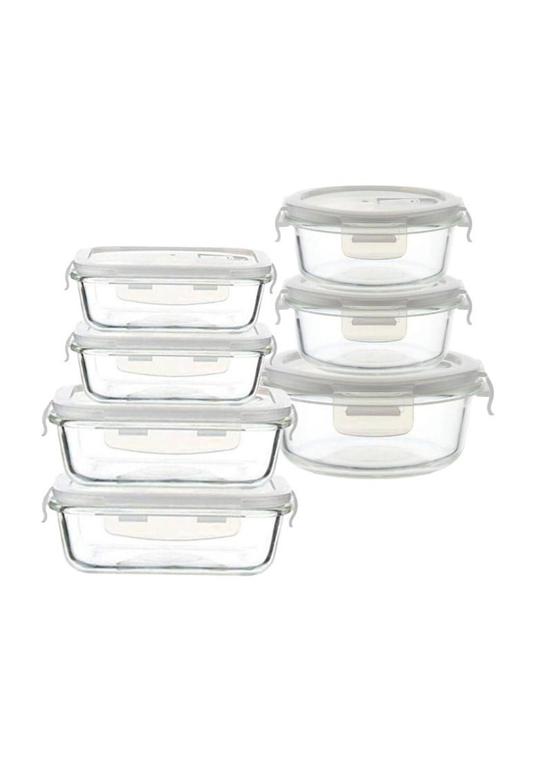Femora Borosilicate Glass Containers for Kitchen | 1 Year Warranty |Container Boxes for Storage with Air Vent Lid,Microwave Safe (Set of 7-Rentangular-400ml,620ml, Round-380ml & 580ml).