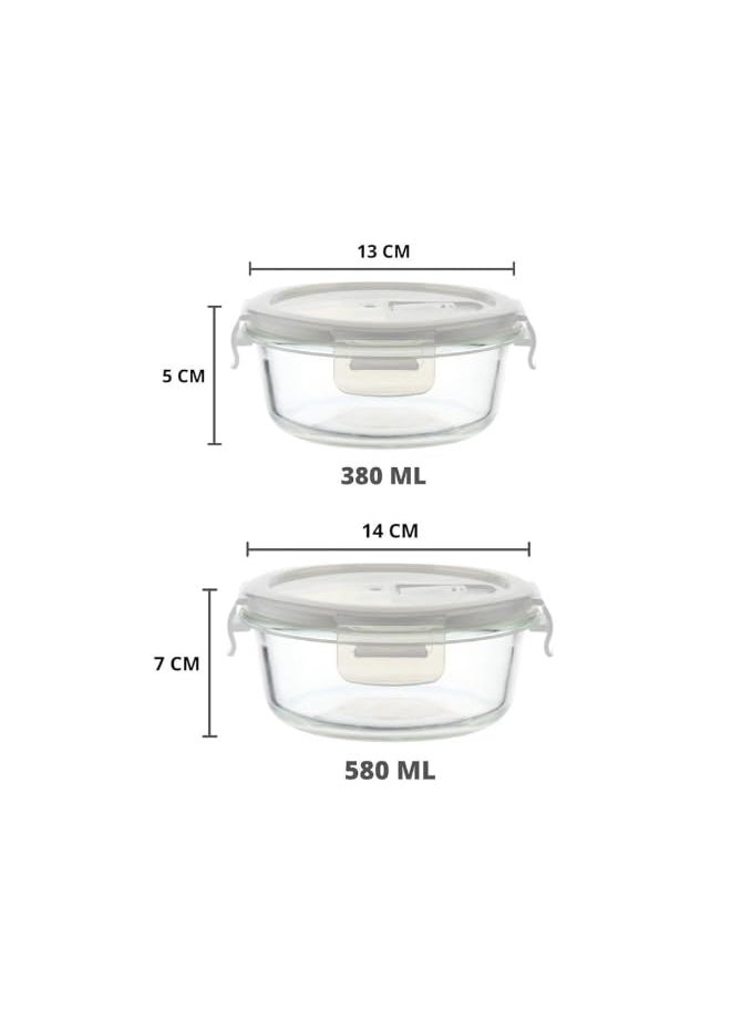 Femora Borosilicate Glass Containers for Kitchen | 1 Year Warranty |Container Boxes for Storage with Air Vent Lid,Microwave Safe (Set of 7-Rentangular-400ml,620ml, Round-380ml & 580ml).