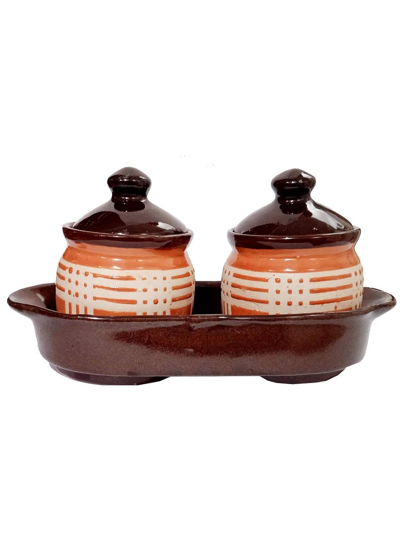 Purpledip Ceramic Pickle Jar Set With Tray: Indian Souvenir (10056A)