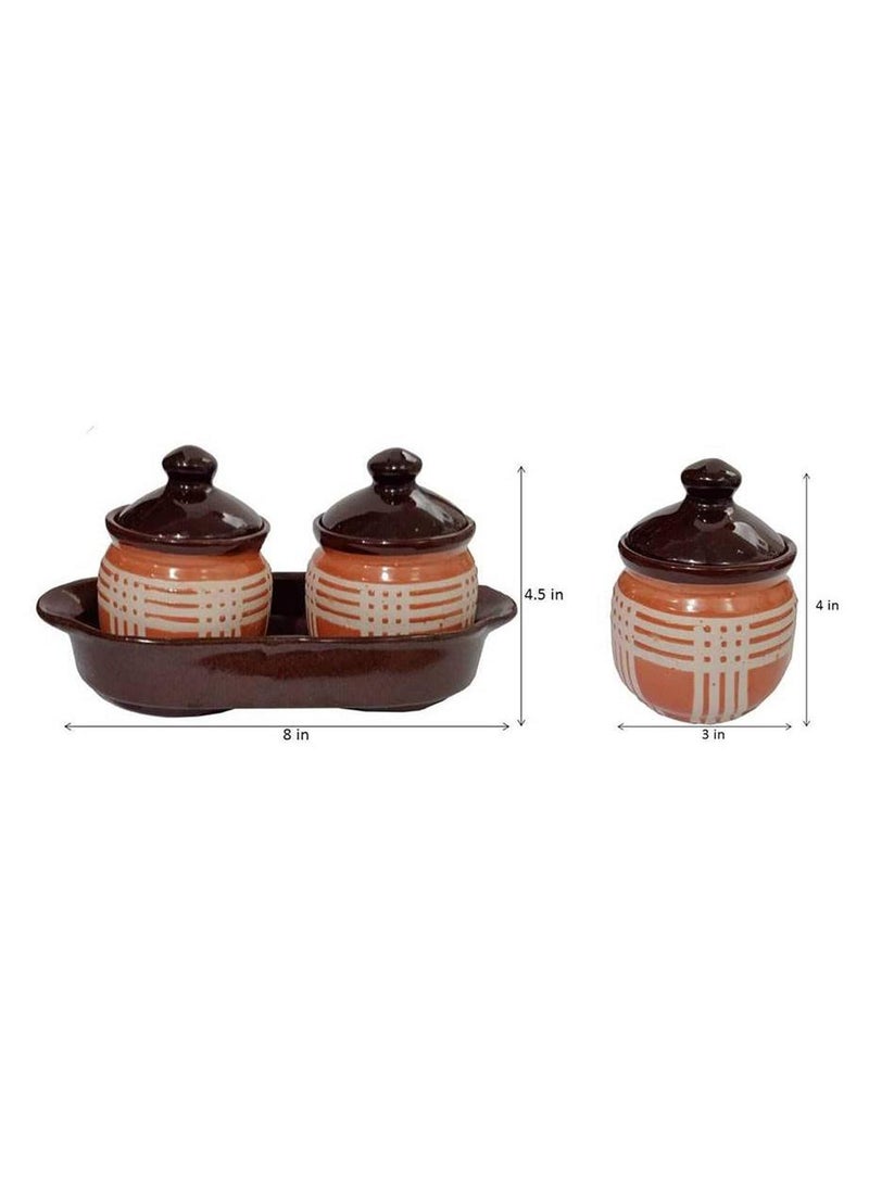 Purpledip Ceramic Pickle Jar Set With Tray: Indian Souvenir (10056A)