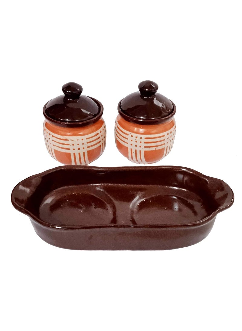 Purpledip Ceramic Pickle Jar Set With Tray: Indian Souvenir (10056A)