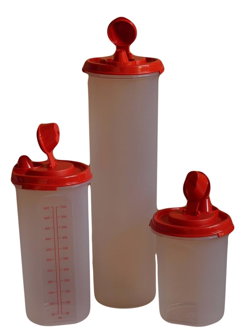 Tupperware Mega Midi Mini Plastic Flow Container, Red, Set of 3, Red
