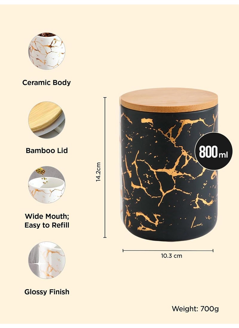 UMAI 800ml Ceramic Jar for Kitchen Storage | Air Tight Container Set with Bamboo Lid | Kitchen Container for Snacks, Tea, Sugar | Multipurpose Organizer | Black-Gold