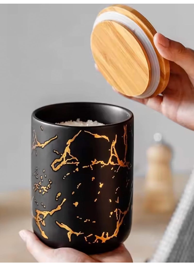 UMAI 800ml Ceramic Jar for Kitchen Storage | Air Tight Container Set with Bamboo Lid | Kitchen Container for Snacks, Tea, Sugar | Multipurpose Organizer | Black-Gold