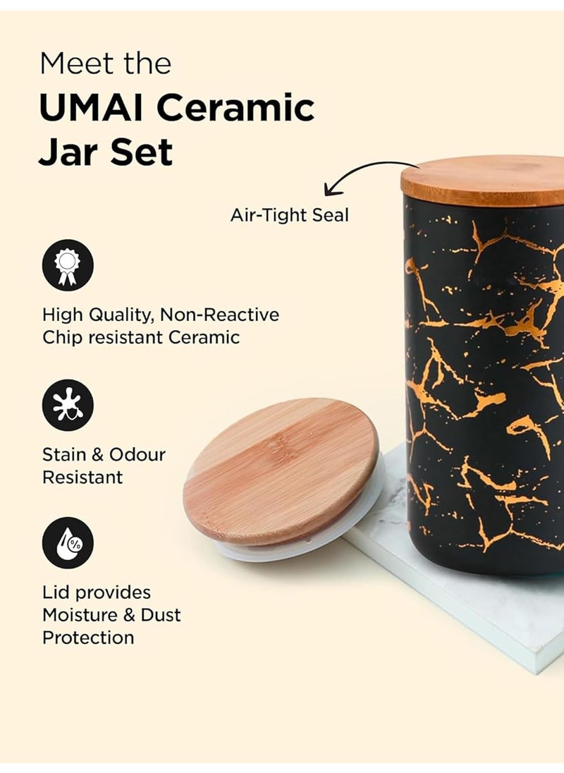 UMAI 800ml Ceramic Jar for Kitchen Storage | Air Tight Container Set with Bamboo Lid | Kitchen Container for Snacks, Tea, Sugar | Multipurpose Organizer | Black-Gold