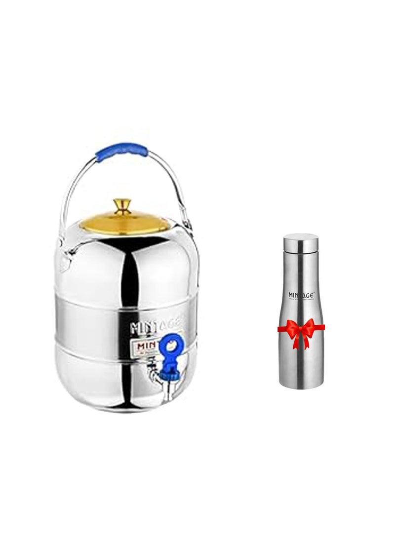 Mintage Water Pot + Free Water Bottle | Container 8 Liters Bottle 1 Liters | Steel Matka for Water Storage | Steel Container Pot for Drinking Water | Water Dispenser | Water Storage Container