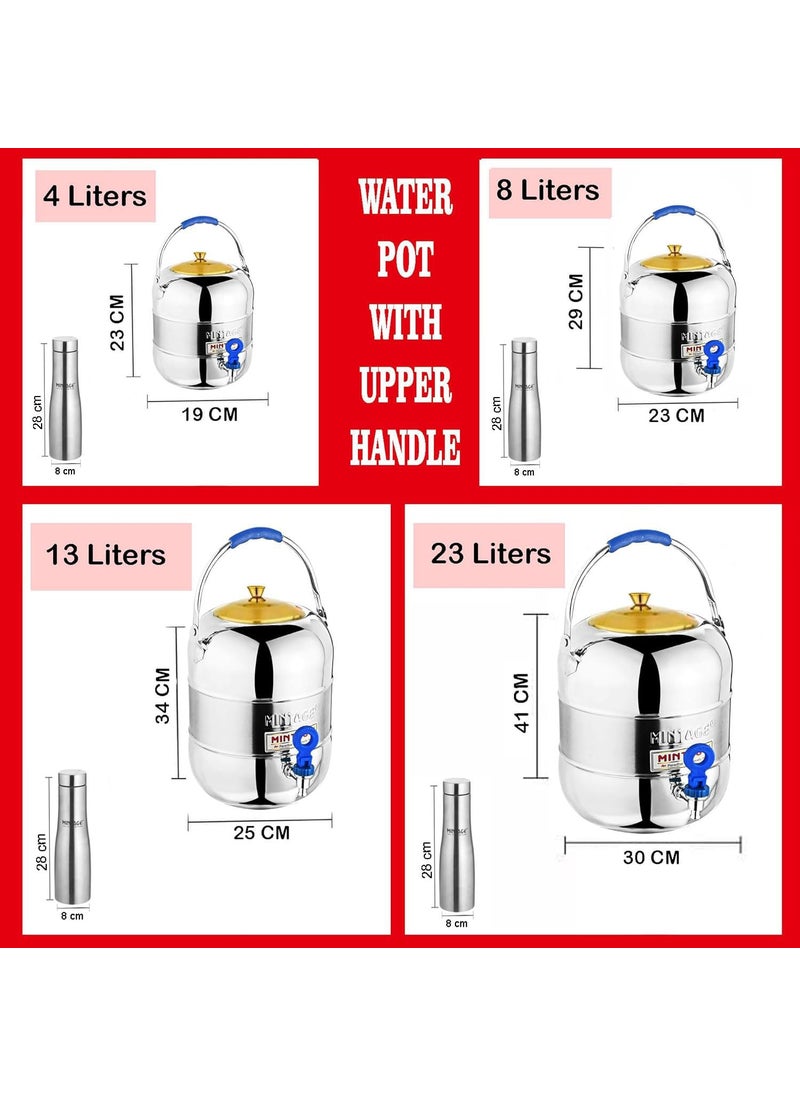 Mintage Water Pot + Free Water Bottle | Container 8 Liters Bottle 1 Liters | Steel Matka for Water Storage | Steel Container Pot for Drinking Water | Water Dispenser | Water Storage Container
