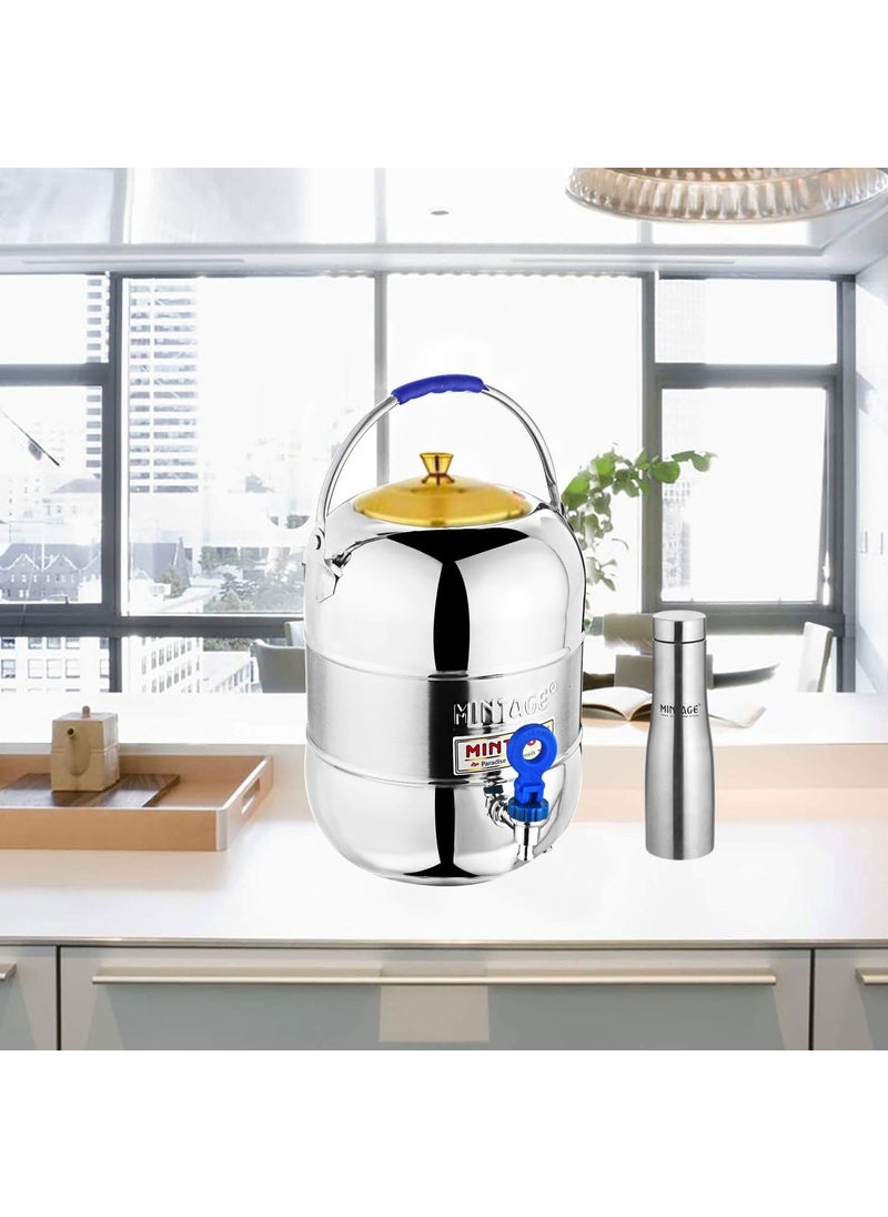 Mintage Water Pot + Free Water Bottle | Container 8 Liters Bottle 1 Liters | Steel Matka for Water Storage | Steel Container Pot for Drinking Water | Water Dispenser | Water Storage Container