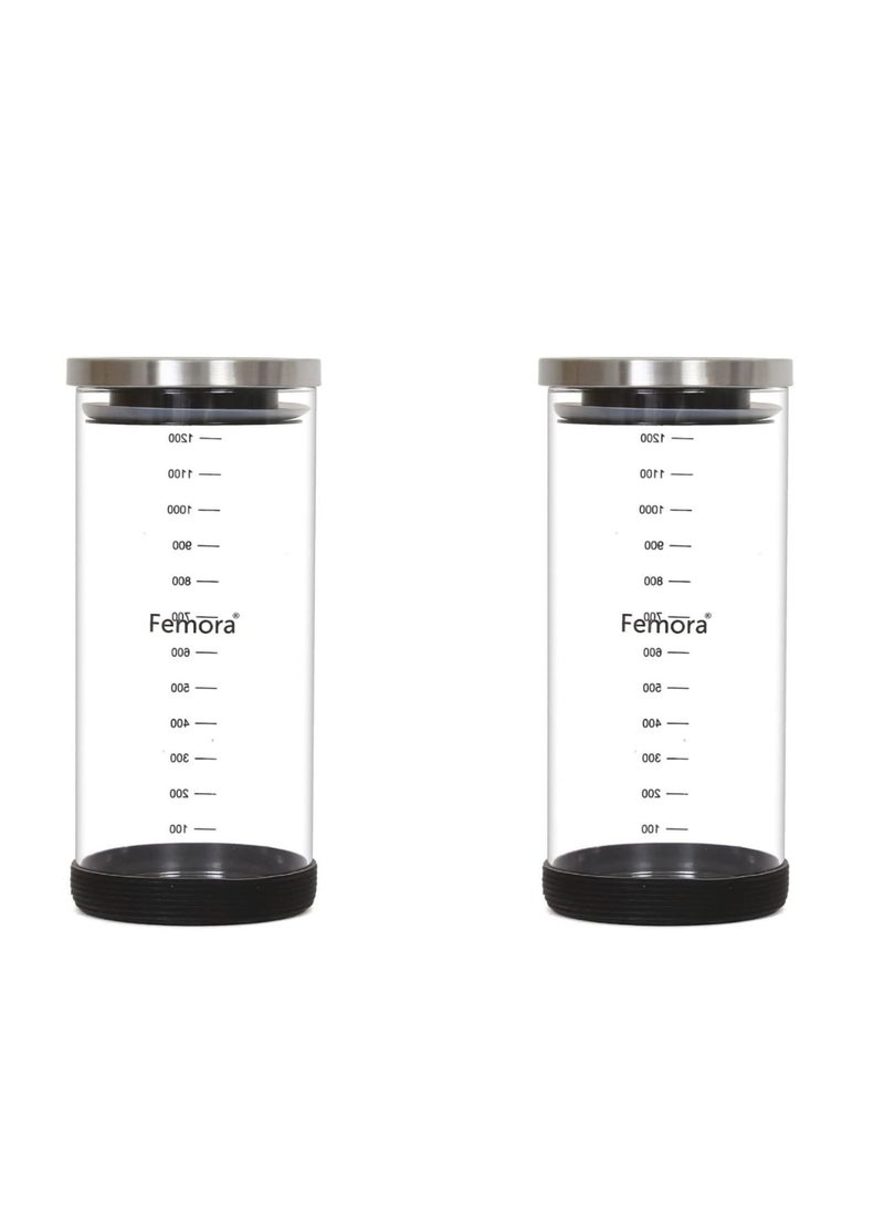 Femora Storage Jars Borosilicate Glass With Silicon Bottom Air Tight Jar with Steel Lid, 900 ML, Pack of 2 Jars