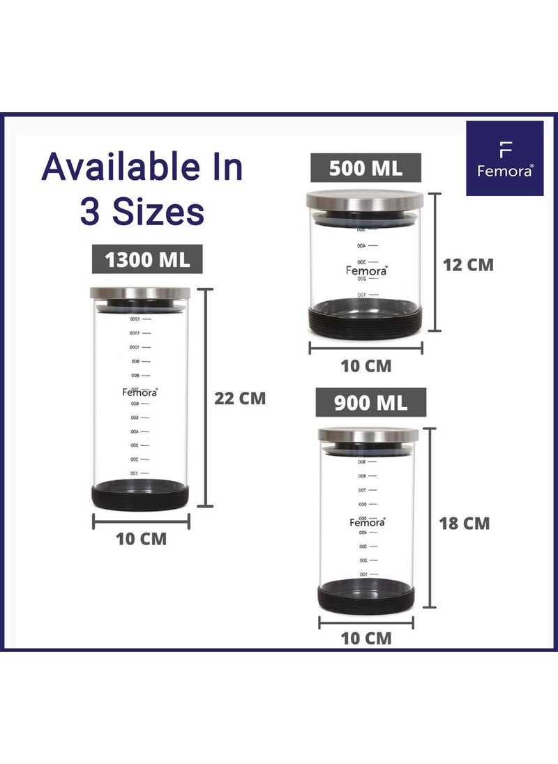 Femora Storage Jars Borosilicate Glass With Silicon Bottom Air Tight Jar with Steel Lid, 900 ML, Pack of 2 Jars