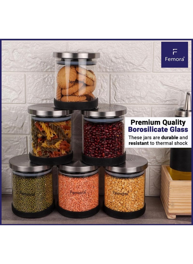 Femora Storage Jars Borosilicate Glass With Silicon Bottom Air Tight Jar with Steel Lid, 900 ML, Pack of 2 Jars