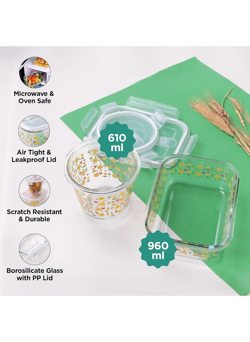 UMAI Pack of 2 Borosilicate Glass Kitchen Containers Set with Airvent Pp Lid | Airtight Round Fridge Storage Boxes for Grains, Pulses, Spices, Snacks | 610 ml 960 ml | Amber
