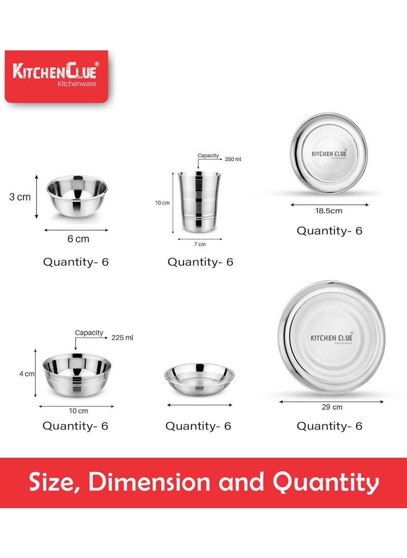 KITCHEN CLUE Stainless Steel Dinner Set for Home Kitchen (Set of 52 Pcs, Silver) Heavy Guage Quality Exclusive Premium Range Dinner Set with Serving Bowls, Big Size Dinner Plates, Glass, Veg Bowls