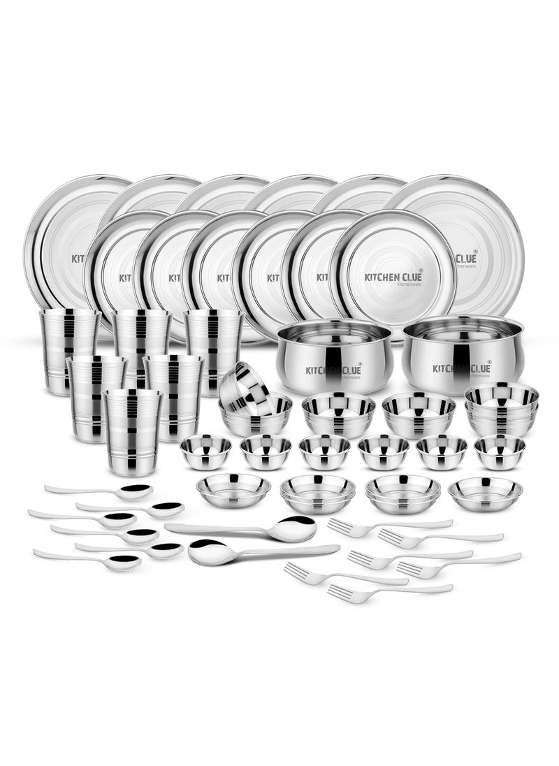 KITCHEN CLUE Stainless Steel Dinner Set for Home Kitchen (Set of 52 Pcs, Silver) Heavy Guage Quality Exclusive Premium Range Dinner Set with Serving Bowls, Big Size Dinner Plates, Glass, Veg Bowls