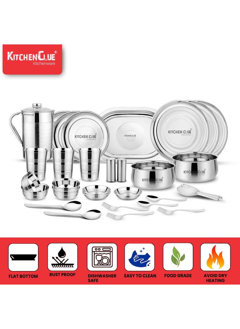 KITCHEN CLUE Stainless Steel (Heavy Guage) Dinner Set/Dinnerware & Serveware Set of 51 Pcs, Silver Touch Design (Attractive & Exclusive) Kitchen Set for Home - Unbreakable Dinner Set I Durable
