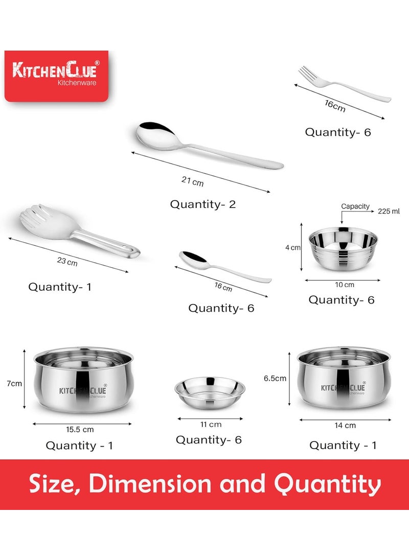 KITCHEN CLUE Stainless Steel (Heavy Guage) Dinner Set/Dinnerware & Serveware Set of 51 Pcs, Silver Touch Design (Attractive & Exclusive) Kitchen Set for Home - Unbreakable Dinner Set I Durable
