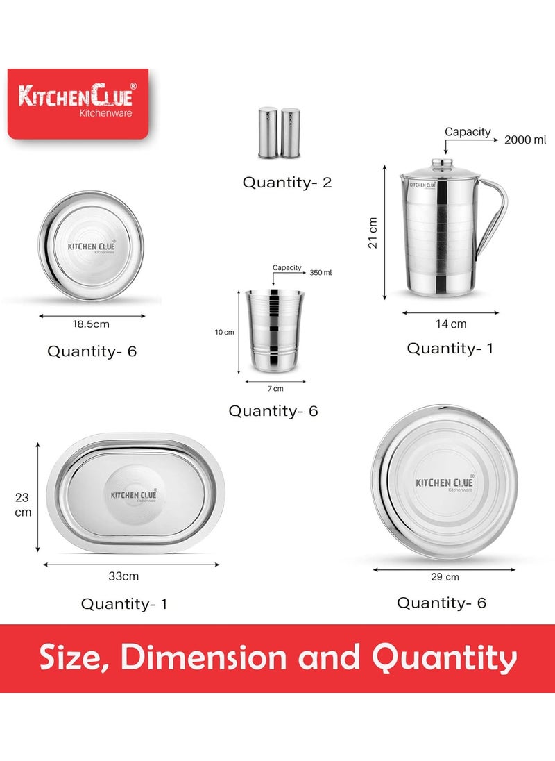 KITCHEN CLUE Stainless Steel (Heavy Guage) Dinner Set/Dinnerware & Serveware Set of 51 Pcs, Silver Touch Design (Attractive & Exclusive) Kitchen Set for Home - Unbreakable Dinner Set I Durable