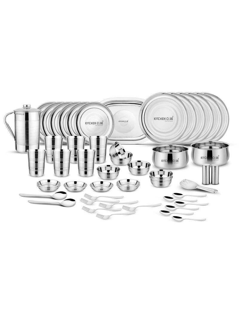KITCHEN CLUE Stainless Steel (Heavy Guage) Dinner Set/Dinnerware & Serveware Set of 51 Pcs, Silver Touch Design (Attractive & Exclusive) Kitchen Set for Home - Unbreakable Dinner Set I Durable