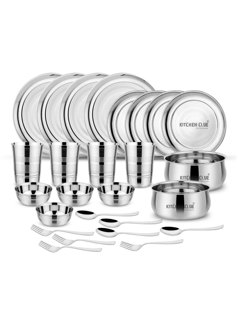 KITCHEN CLUE Classic Stainless Steel Dinner Set of 26 Pcs with Serving Bowl Set - Heavy Guage Quality Steel Kitchen Set for Home - Exclusive & Attractive Silver Touch Design - Unbreakable & Durable