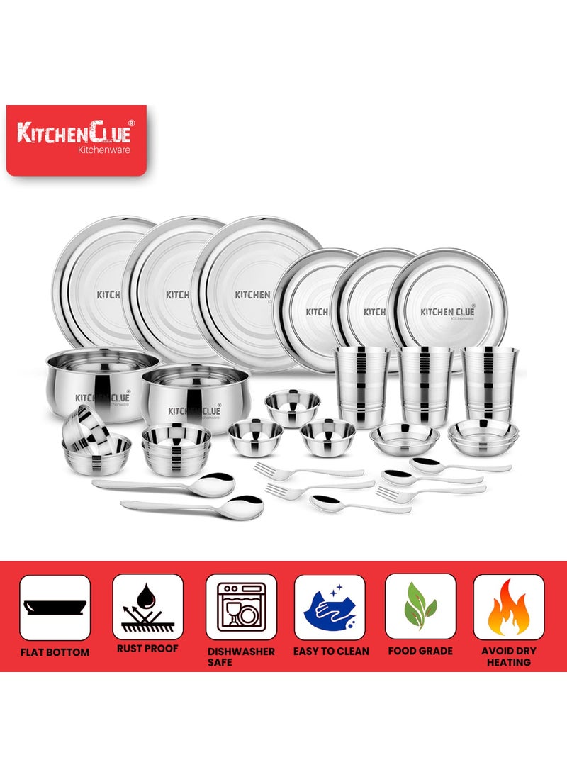 KITCHEN CLUE Heavy Guage Quality Stainless Steel Dinner Set of 52 Pcs, Silver Touch Finish - Comes with Big Size Dinner Plates & Serving Bowl Set - Kitchen Set for Home - Attractive & Exclusive Combo