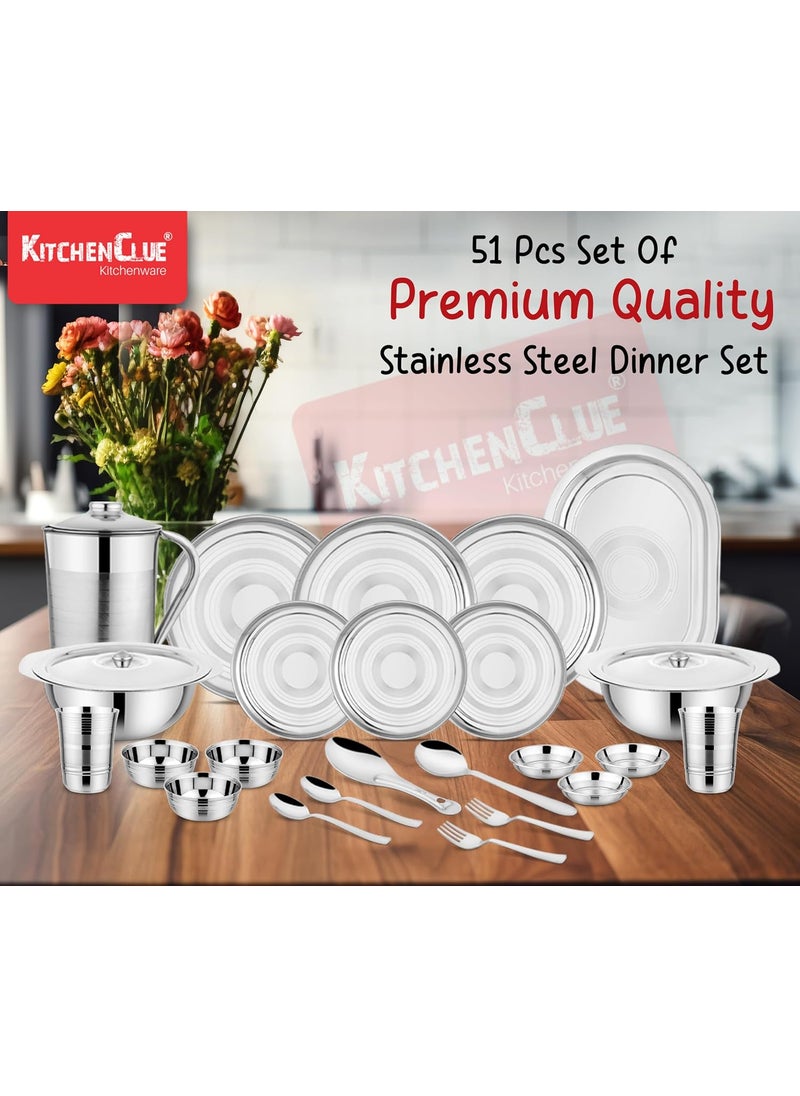 Kitchen Clue Stainless Steel Dinner Set With Serving Bowls With Lid & Steel Water Jug I Pack Of 51 Pieces Steel Dinner Set I Kitchen Set For Home & Gifting I Comes With Silver Touch Design On Utensils