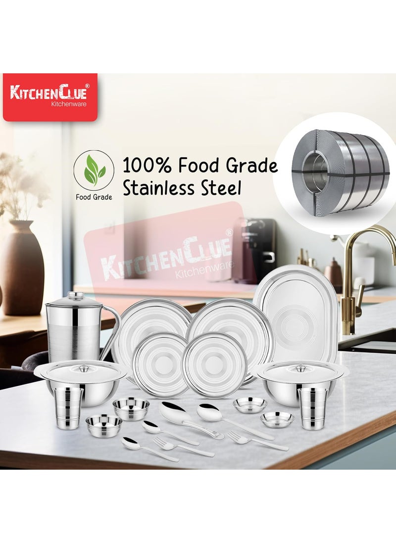 Kitchen Clue Stainless Steel Dinner Set With Serving Bowls With Lid & Steel Water Jug I Pack Of 51 Pieces Steel Dinner Set I Kitchen Set For Home & Gifting I Comes With Silver Touch Design On Utensils