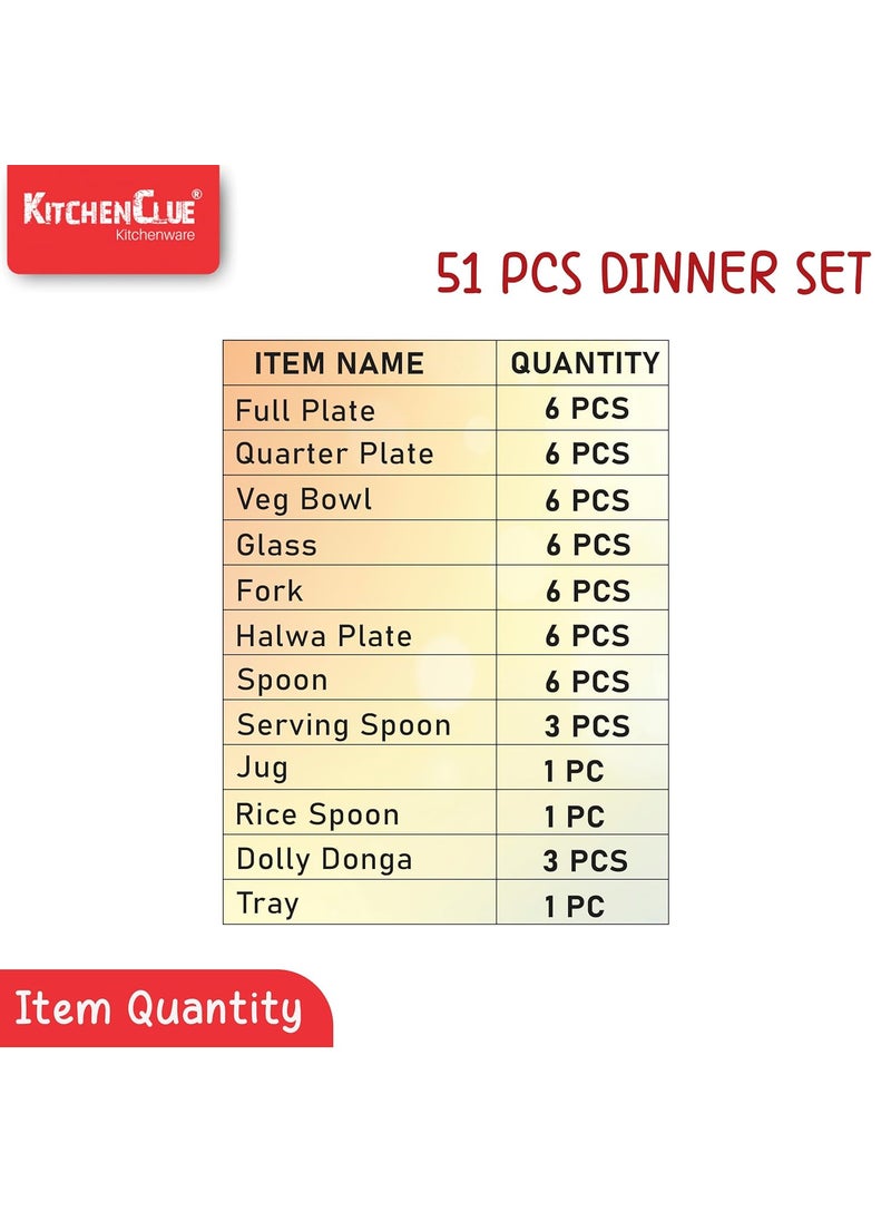 Kitchen Clue Stainless Steel Dinner Set With Serving Bowls With Lid & Steel Water Jug I Pack Of 51 Pieces Steel Dinner Set I Kitchen Set For Home & Gifting I Comes With Silver Touch Design On Utensils