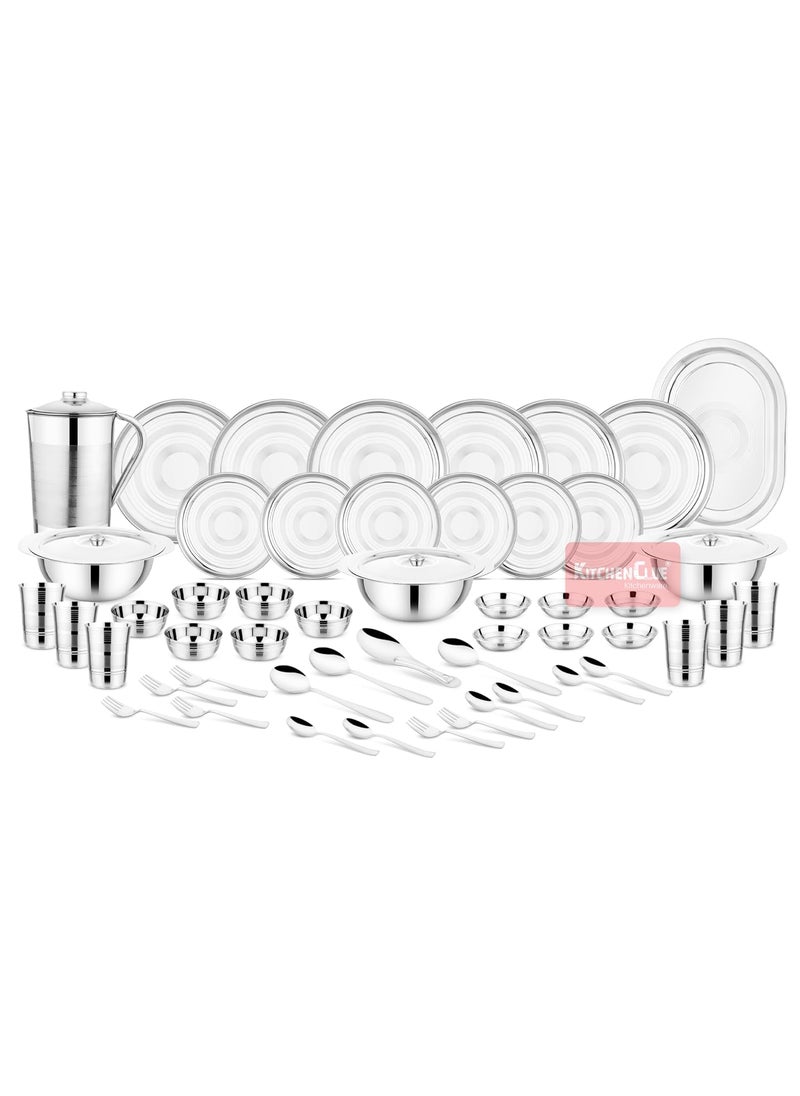 Kitchen Clue Stainless Steel Dinner Set With Serving Bowls With Lid & Steel Water Jug I Pack Of 51 Pieces Steel Dinner Set I Kitchen Set For Home & Gifting I Comes With Silver Touch Design On Utensils
