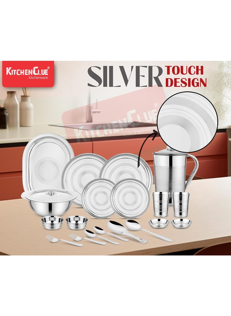 Kitchen Clue Stainless Steel Dinner Set With Serving Bowls With Lid & Steel Water Jug I Pack Of 51 Pieces Steel Dinner Set I Kitchen Set For Home & Gifting I Comes With Silver Touch Design On Utensils