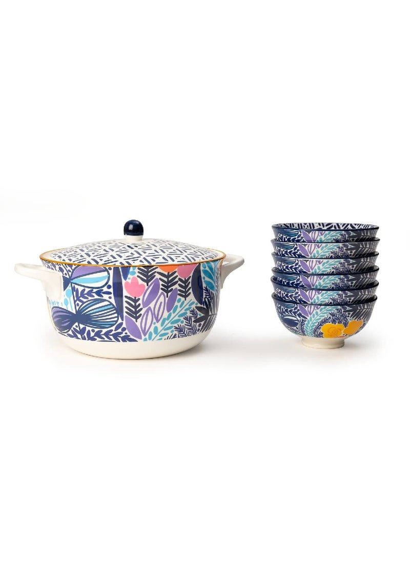 EZ Life Blue Colourful Texture 1 Casserol and 6 Pc Bowls Set - Dinnerware -1 Set, Storage Container, Kitchen Appliance,Casserole Classic Deep Round Oven and Microwave Safe Serving Bowl with Glass Lid