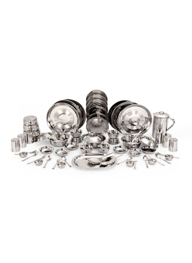 KITCHEN CLUE High Grade Quality Stainless Steel Vintage Collection Dinner Set of 61 pcs, (Silver); Beautifully Design with Permanent Silver Touch Finish.