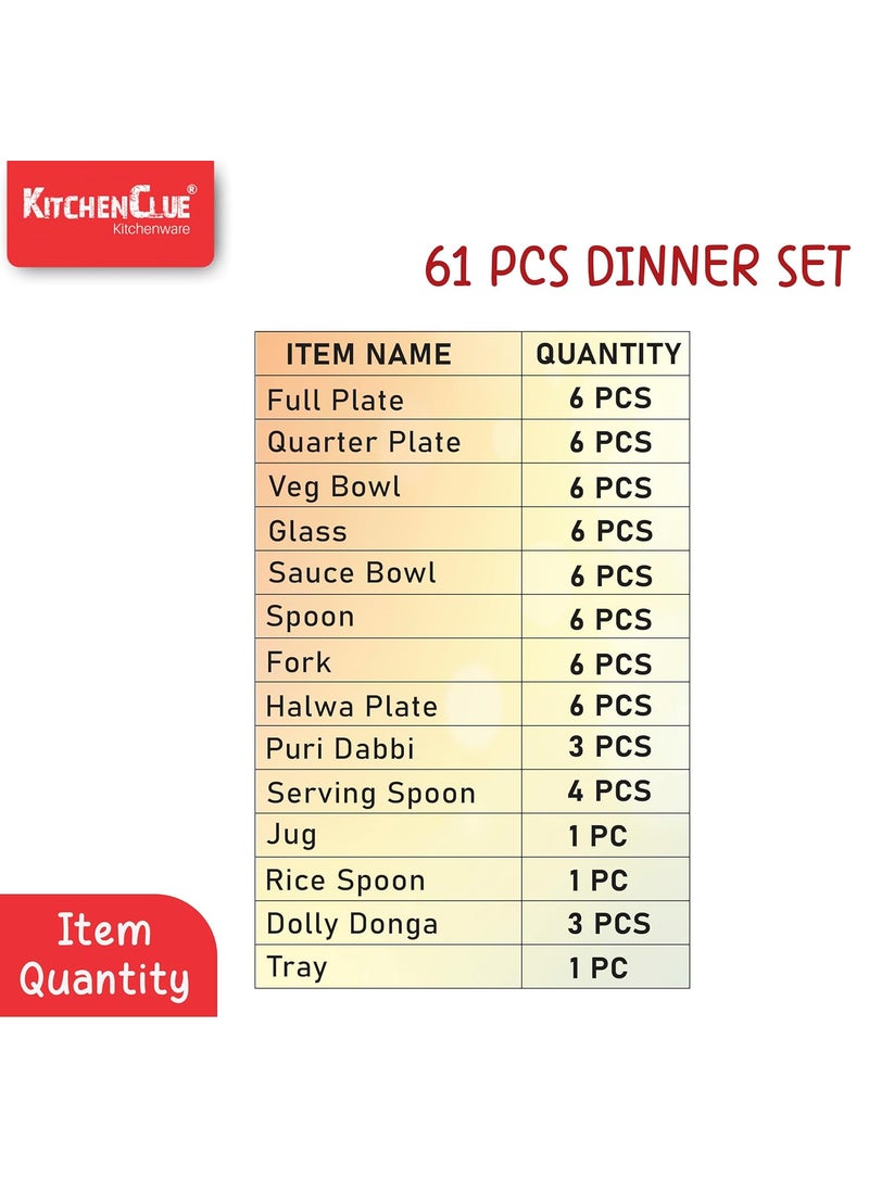 KITCHEN CLUE High Grade Quality Stainless Steel Vintage Collection Dinner Set of 61 pcs, (Silver); Beautifully Design with Permanent Silver Touch Finish.